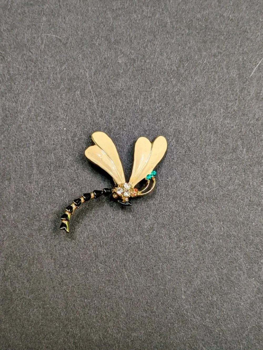 Vintage Dragonfly Brooch Cream Enamel Rhinestone Figural Insect Pin